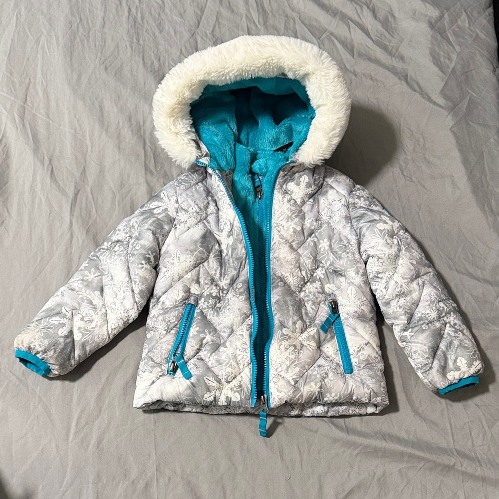 Girls Quilted Winter Jacket with Faux Fur Hood - Teal Lining